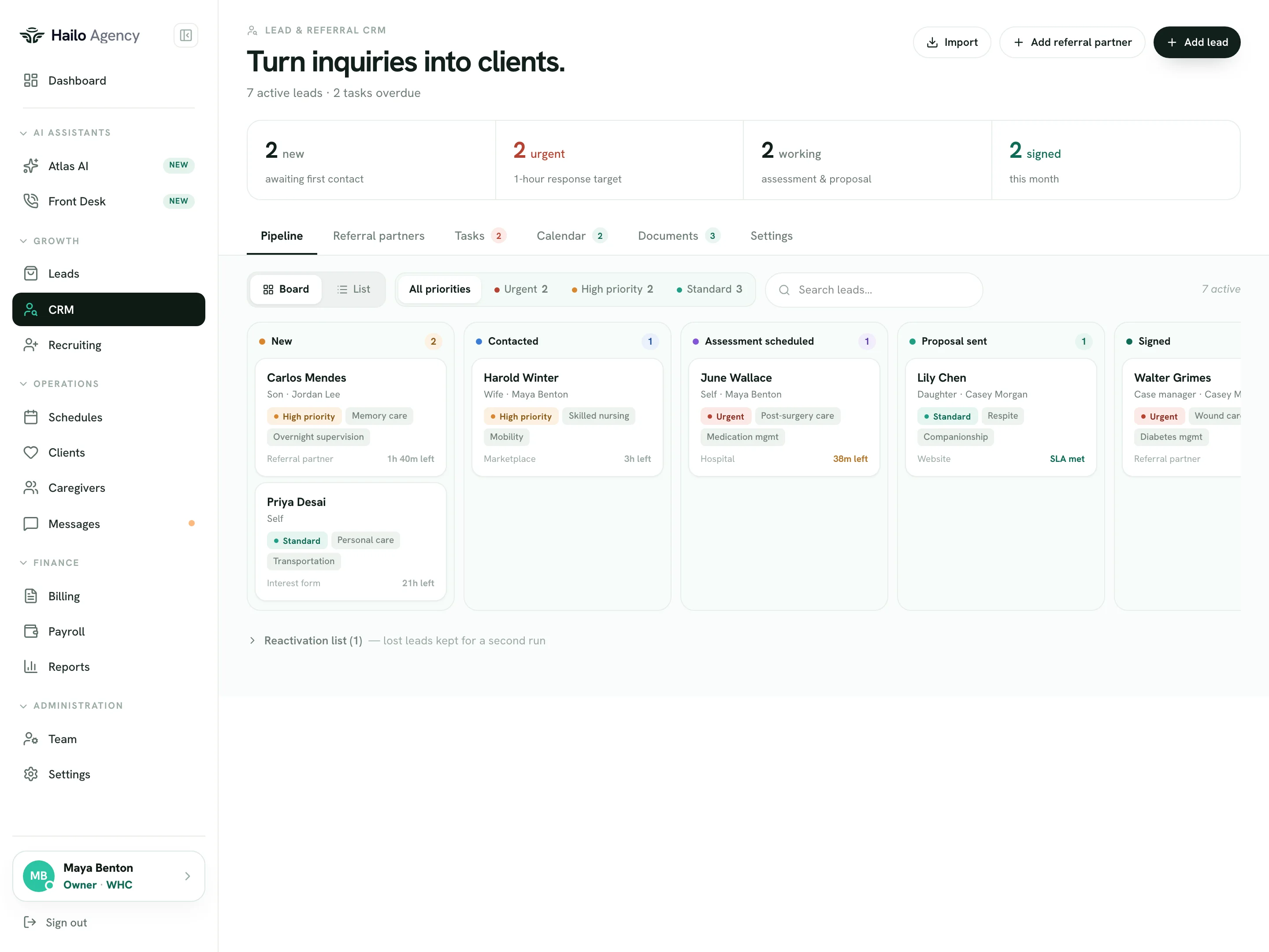 Hailo CRM pipeline with new, contacted, assessment, proposal, and signed client leads